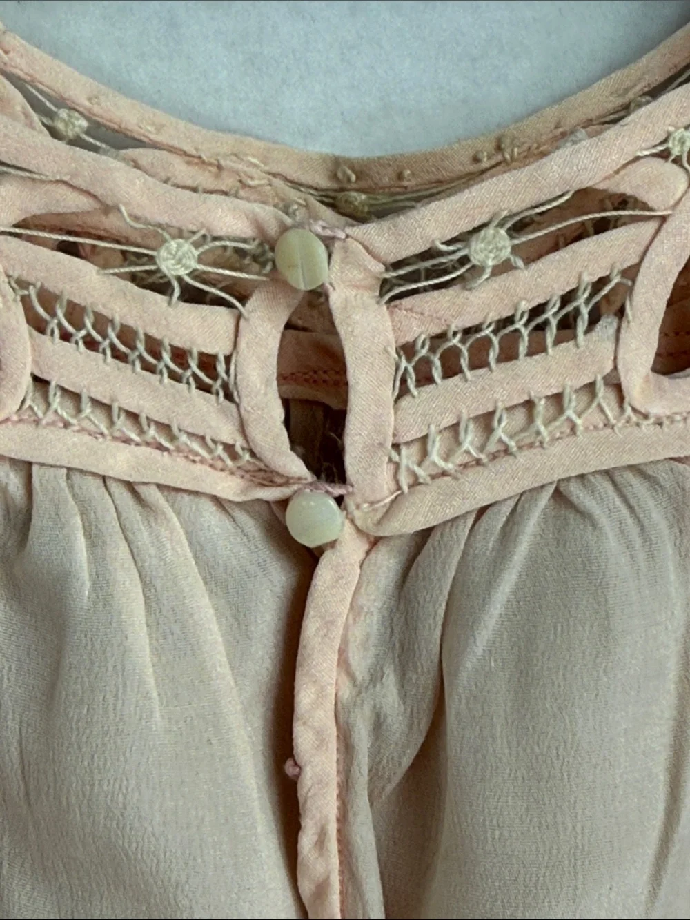 Antique c.1915–1925 Silk Baby Dress Tape Lace Pink Ribbonwork Heirloom Display